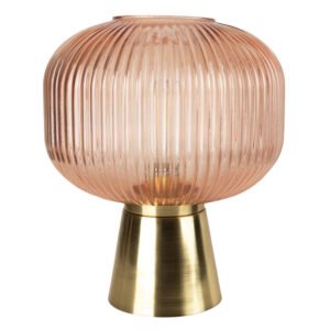 28cm Pink Ribbed Glass LED Table Lamp – Brass Gold Base, Rechargeable